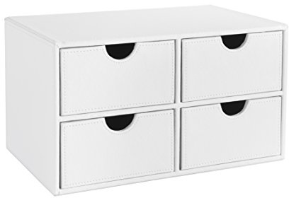 OSCO Faux Leather 4 Drawer Storage Chest, Stylish Desk Organiser for Stationery, Makeup, Jewellery & Accessories – Stackable Compact Drawer Box with Felt Lining for Home or Office – White