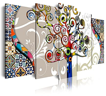 Dekoarte 481 - Quadro moderno su tela montato su telaio in legno di 5 pezzi, stile astratto L'albero della vita 150x80cm