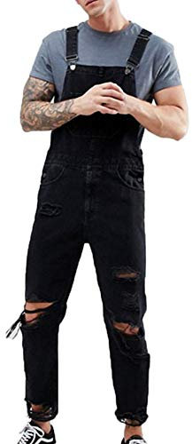 Casual Slim Fit Salopette Moda Uomo Jeans Strappati,Nero,L