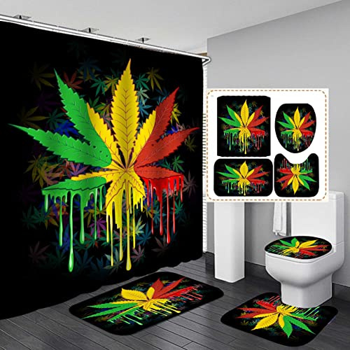 Jayden&Madge 4 Stück/Set Ahornblatt Duschvorhang Wasserdicht Weicher Stoff Polyester Badvorhang, rutschfeste Badteppiche WC Vorleger Badvorleger Cool Modern Art Grün Gelb Rot Badezimmer Set,