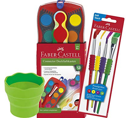 Faber-Castell - Farbkasten Connector mit 12 Farben, inklusive Deckweiß, (Mal-Set) inkl. Softgrip-Pinsel und Wasserbecher hellgrün