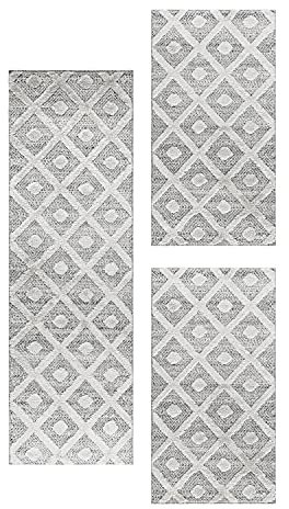 SIMPEX Tappeto a pelo corto, per camera da letto, motivo a rombi 3D, 3 pezzi, colore: grigio, set letto: 2 x 80 x 150 + 1 x 80 x 250 cm