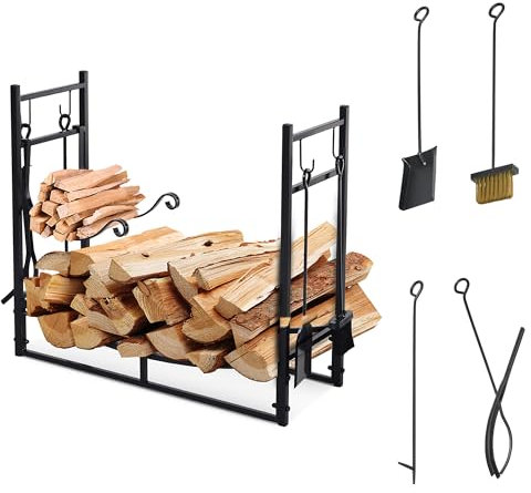 Outsunny Metal Firewood Log Holder Indoor Outdoor Firewood Rack Fireplace 2 Tier Wood Storage Shelf with 4 Tools, Hooks, Scrolls, Black, 84W x 33D x 76H cm