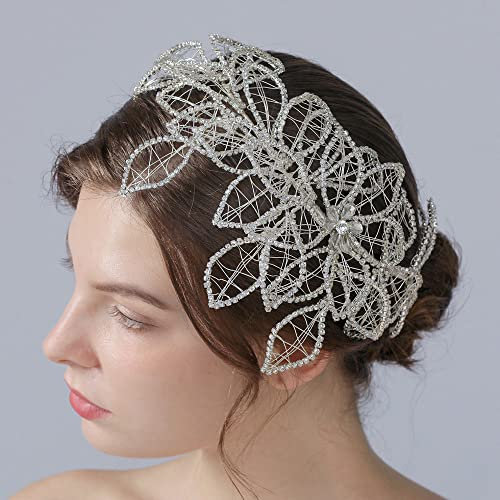 Braut Haarschmuck Silber Damen Hochzeit Kopfschmuck Brautschmuck Haare Mädchen Blumen Blatt Haarreif aus Strass Brautjungfer Geschenk(lang 27cm/10.6inch), Silver