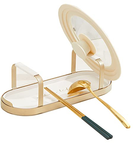 STARRY G Pot Lid Holder Stand, Kitchen Utensils Rest with Drip Pan, Cooking Spoon Rest with Lid Holder, Countertop Organiser Rack for Ladles, Tongs, Spatula, Flatware Tray Shelf - White Double Layer