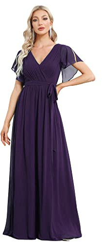 Ever-Pretty Robe de Bal Longue Femme Col V Mousseline A Line Manches Courtes Plissé Chic Violet Foncé 42