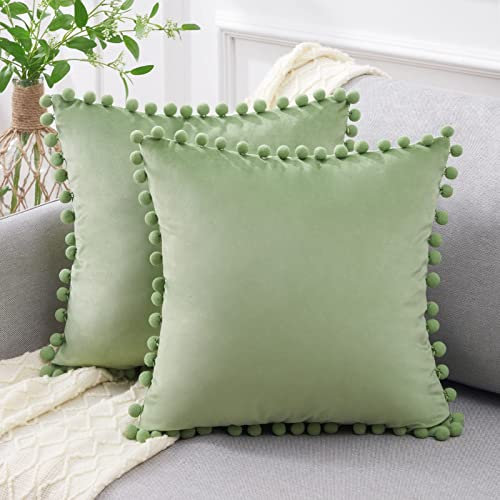 Topfinel Kissenbezug salbeigrün 50x50 samt 2er Set Boho deko mit Bommeln Kissenbebezüge Kissenhülle Kopfkissen für Sofa Wohnzimmer Kinderzimmer