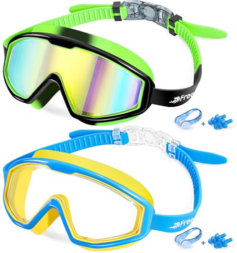 Freela Swim Goggles for Kids 6-14 4-7 8-12 3-6 2-4 3-5 3-10 4-8, Boys Girls Swimming Goggles Anti Fog UV Protection Waterproof No Leaking, Toddler Water Clear Beach Pool Goggles,green & Blue