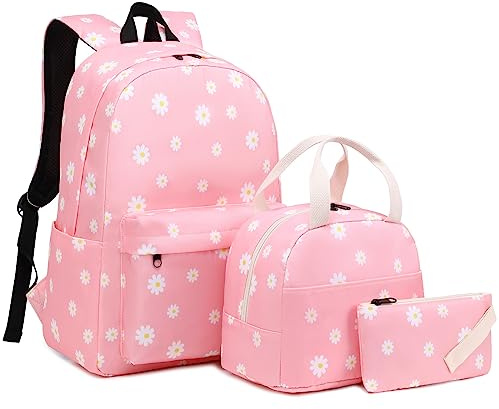 Mimfutu Skolryggsäck för tonårstjejer, 3-i-1 barnryggsäck bokväska set skolväskor med lunchlåda pennfodral, Blommor rosa, L, Skolväska set