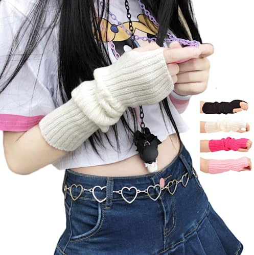 VTTDB Couvre-bras mignons pour femmes, manchettes pour filles, mitaines tricotées style kawaii, japonais, harajuku, Y2k, gothique, blanc, taille unique