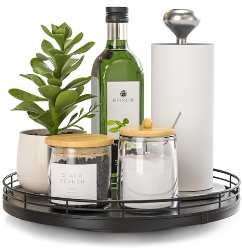 Lazy Susan Turntable Organizer 10 Black | Rotating oak tray organizes spices, toiletries and decor on kitchen counters, bathroom vanities, dining and coffee tables.