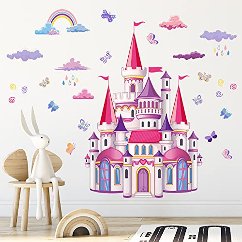 fanquare Rosa Prinzessin Schloss Wandtattoo, Märchen Regenbogen Schloss Wandaufkleber abnehmbar DIY Vinyl für Babyzimmer Kinder Kinderzimmer