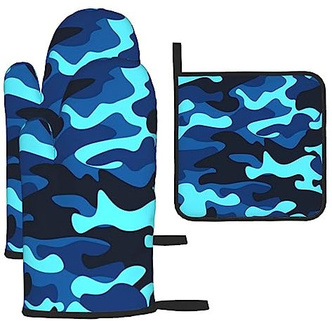 Blue Camo Ofenhandschuhe und Topflappen, hitzebeständige Ofenhandschuhe und Topflappen, Grillhandschuhe, Hot Pads, Kochhandschuhe für Küche, Backen, Grillen, 3-teiliges Set