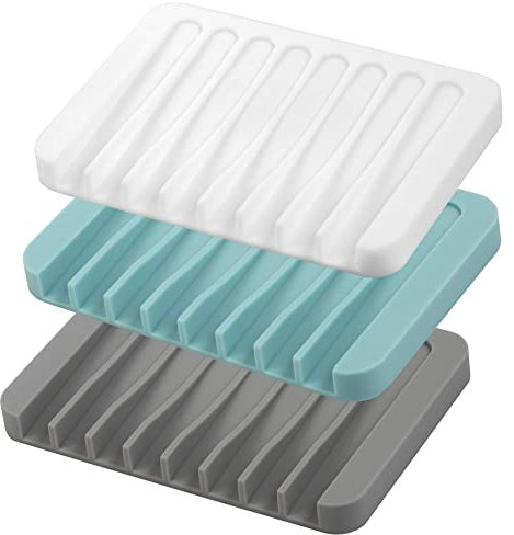 H&W 3 Stück Silikon Seifenschale, Selbstentleerend, Rechteckig, Blau, Weiß, Grau für Dusche, Bad, Waschbecken