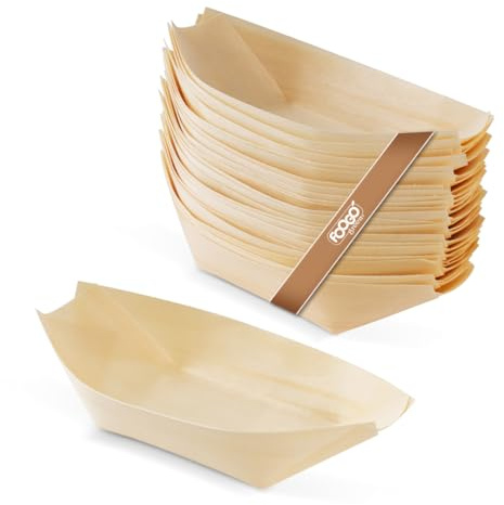 FOOGO Green 100Pcs Disposable Wooden Bamboo Boats, 5(12.7cm) | FSC® Certified, For Barbecue, Garden Party, Salad & Snacks, Eco-Friendly, Biodegradable, Wedding Party