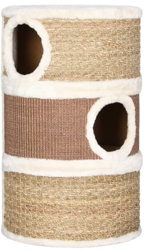 Tidyard Katzen Kratztonne 60cm Seegras Kratzsäule Kratzbaum Kratzturm Katzenbaum,Katzenhöhlen 36 x 60 cm (Durchmesser x H) Mit 3 Katzenhöhlen,Spanplatte,Plüsch,Seegras Braun