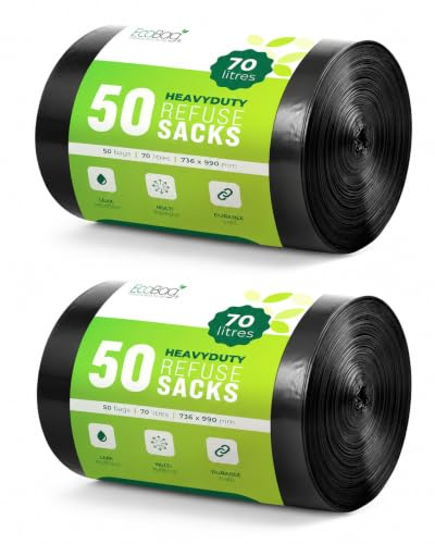 EcoBag- 100 Pack Extra Strong Heavy Duty Refuse Sacks - 70L - 33 Microns - Recyclable Bin Bags, Leak Resistant, Eco-Friendly, Durable Waste Disposal Bags for Household & Commercial Use (850mmx725mm)
