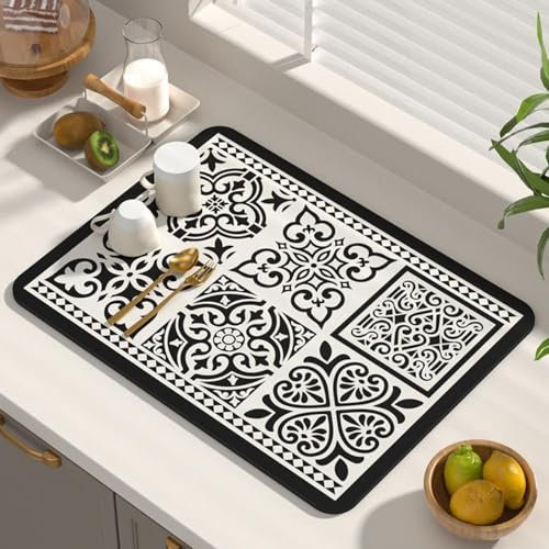 Hixingo Súper Absorbente Bayeta Escurreplatos, Antideslizante Dish Drying Mat Patrón Retro Alfombra Escurreplatos，Diatomita Alfombrilla Cafetera (Patrón Negro,40x50cm)