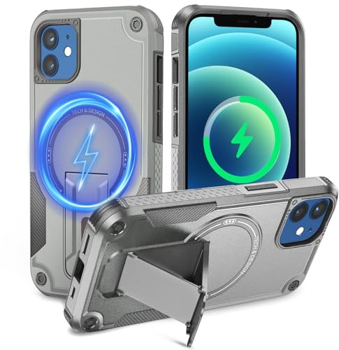 Tuvror for iPhone 12/12 Pro Case with Stand, Magnetic Phone Case, Grey | Compatible with MagSafe, Built-in Kickstand, Rugged Protection Heavy Duty Shockproof Case for iPhone 12/iPhone 12 Pro