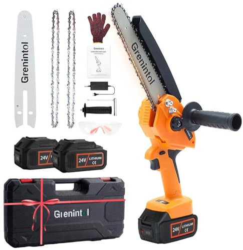 Grenintol Mini Kettensäge mit Akku, 8 Zoll Kettensäge Elektro mit Automatischer Öler, Akku Kettensäge, Mini Kettensäge für Gartenscheren Astschere Holzschneiden, LED Leistungsanzeige, 2 Akku 6000mAh