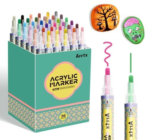 Arrtx Acrylmalstifte 36 Farben, 3mm Medium Tip Paint Markers, ungiftig, schnell trocknend für Rock Painting, Holz, Keramik, Stoff, Glas, Leinwand, Kunststoff, Metall, Stein, DIY Crafts