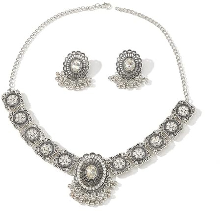 IMINI Set di gioielli antichi in cristallo austriaco con collana e orecchini per donne e ragazze sposa indiana tradizionale punk con ciondolo e pompon per festa di nozze, Metallo