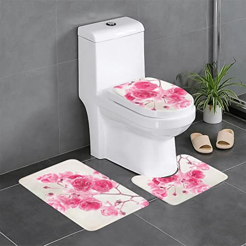 Badematten-Set aus Flanell, rutschfest, mit rosa Blumen, 3 Stück, 60 x 40 cm, Badematte + U-förmiger WC-Vorleger + O-förmiger Toilettensitzbezug