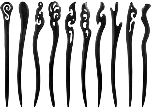 JIYIN 10 Stück Holz Haarstäbchen, Haar Essstäbchen Vintage Haarnadel für Dutts Retro Haarstab Schwarz Holz Haarspangen Chinesischer Stil Haarstäbchen für Damen Frauen Mädchen(Stil 2)