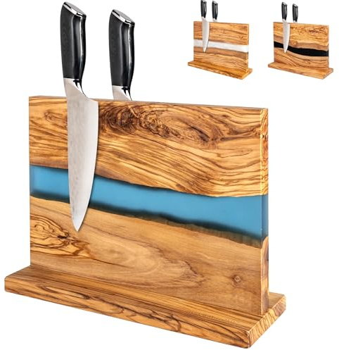 Magnetic Knife Block Stand - Italian Olive Wood Kitchen Knife Holder Rack with Resin Flow Design - Double Sided Strong Magnet Knife Block - Universal Knife Organizer Holds 18 Knives - Blue Resin