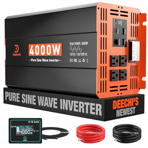 4000 Watt Pure Sine Wave Inverter 12V DC to 110V/120V AC Converter for RV/Truck/Home/Off-Grid Solar Car Power Inverter for Vehicles with 4 AC, 2 USB & 1 Type-C Ports, Hardwire Kit, Remote Controller