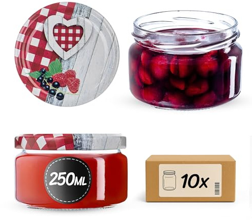 KADAX 10er Set Einmachgläser 250ml TO66 Rustikal, Marmeladengläser Vorratsgläser Mason Jar mit Schraubdeckel, Luftdicht & Spülmaschinenfest, Honig- & Dessertgläser