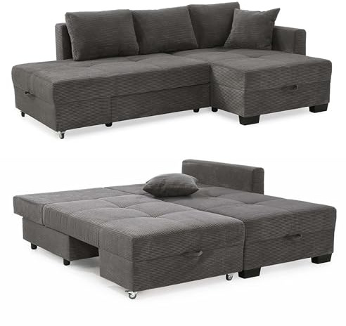 luma-Home 15214/ Ecksofa mit Schlaffunktion als Doppelbett, Dunkelgrau | B247/T155/H87 cm, Schwenkfunktion zur Liegefläche 183x207 cm, platzsparend, Bettkasten, seitenverkehrt montierbar, Cord-Bezug