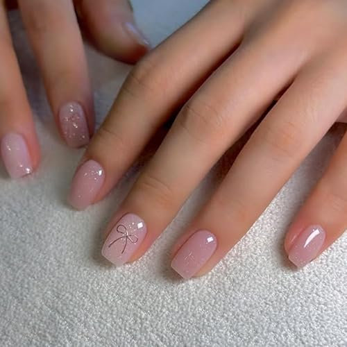 Virellay 24 Stück Square Kurze Press on Nails Nackt Rosa Glitzer, Nails Zum Aufkleben mit Schleifen Designs, Short Künstliche Fingernägel Kurz für Frauen (Rosa, 24 pcs)