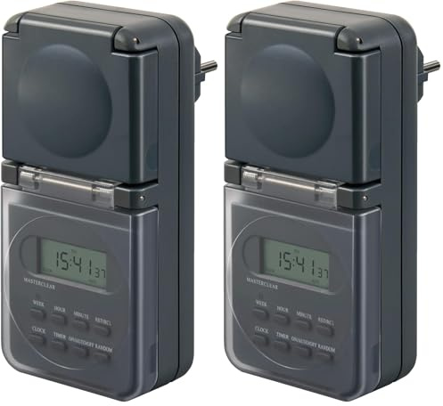 Brennenstuhl Digitale Wochenzeitschaltuhr IP44, Digitale Timer-Steckdose (Wochen-Zeitschaltuhr für den Außenbereich, mit erhöhtem Berührungsschutz) anthrazit (Packung mit 2)