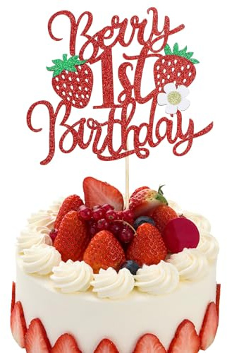 Ouligay Berry 1st Birthday Cake Topper, Sweet Strawberry Theme Cake Decorations for 1st Birthday Party Baby Shower Fruit Theme Cake Decor Supplies