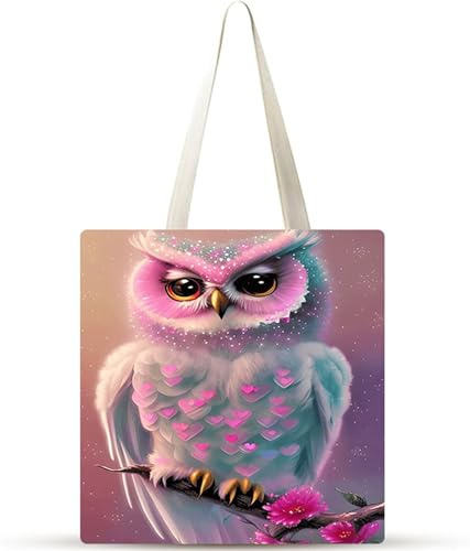Cekog 1er Set Tote Bag, Wiederverwendbare Einkaufstasche aus Canvas, Tragetasche Damen mit Langen Henkeln, Faltbar mit Eule Tier motiv, Geschenke für Einkaufstasche 38x34cm