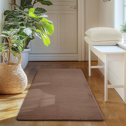 SIMPEX Läufer Teppich Braun 60x100 cm Waschbarer Kurzflor Teppich, rutschfest & weich, modernes einfarbiges Design für Schlafzimmer, Küche & Flur