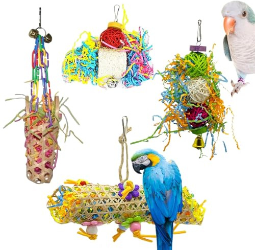 Bird Speurtoys - 4 pezzi giocattoli per il foraggiamento del parrocchetto, set di roditori colorati forniture per pappagalli per sospensioni bastoni arrampicata gabbia Ara's vacanze quotidiane