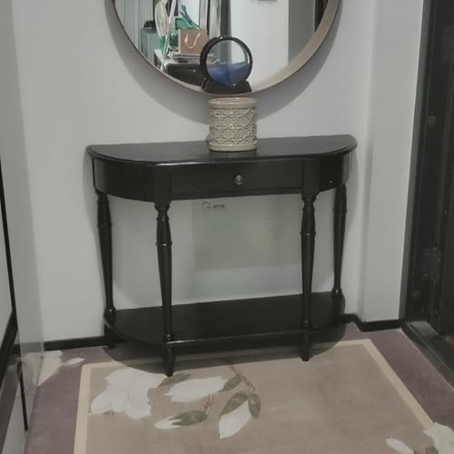 SEIFE Consolle a mezzaluna in legno massello per ingresso, tavolo da ingresso con cassetto portaoggetti, tavolo da divano semicircolare, arredamento per corridoio e ingresso(Black,80cm/31.4in)
