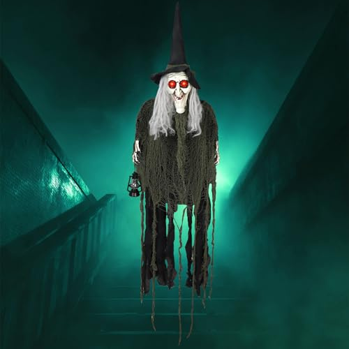 PARTY GO Natale Horror 2025 Decorazioni Halloween La Strega Halloween Fantasma Appesa con Occhio Rosso, Attivato dalla Voce Addobbi Casa Decorazioni Esterno Horror Giardino