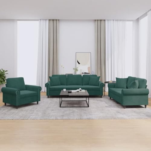Qnhdfrt 3-TLG. Sofagarnitur Set Dunkelgrün Samt mit Kissen Sessel 2-Sitzer 3-Sitzer Bequem Robust für Wohnzimmer Sitzecke