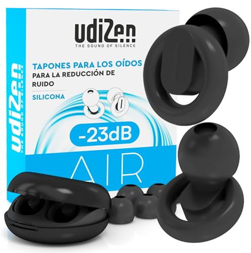Tapones para los Oídos para Dormir Viajar Estudiar Reducción de Ruido -23dB UdiZen Air - 1 Par Tapones Ergonómicos Ultra Suaves Reutilizables Cancelación de Ruido SNR 23dB con Estuche Color Negro