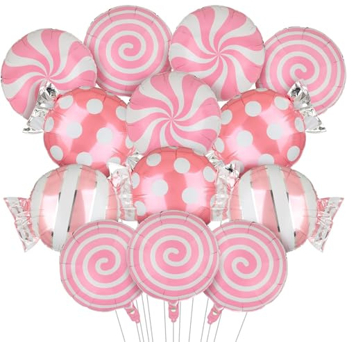 13 Stück Weihnachts Rosa Süßigkeiten Folienballons Set 45cm Runde Pinke Süßigkeiten Folienballons Weihnachten Party Candybar Weihnachtsdeko Zubehör