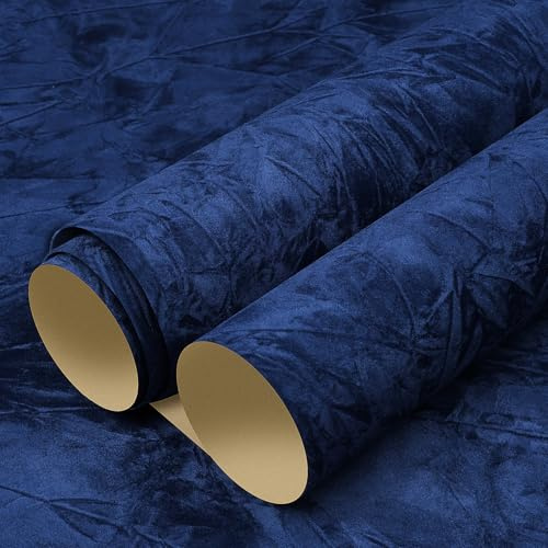 LACHEERY Bleu Papier Peint Adhesif Mural Chambre Velour Rouleau Adhesif pour Meuble Mural 60cm x 400cm Papier Peint Bleu Foncé Uni Vintage Retro Floqué Film Autocollant Deco pour Comptoir Couloir