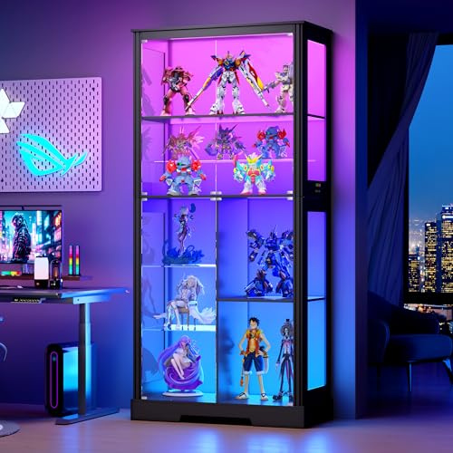 Gurexl Dynamische RGB Glasvitrine mit LED Beleuchtung und Bewegungsmelder,Vitrinenschrank mit 2 Verstellbare Glasböden,Glas Vitrine Weinschrank mit Abschließbarer Glastür für Wohnzimmer,Bar,Schwarz