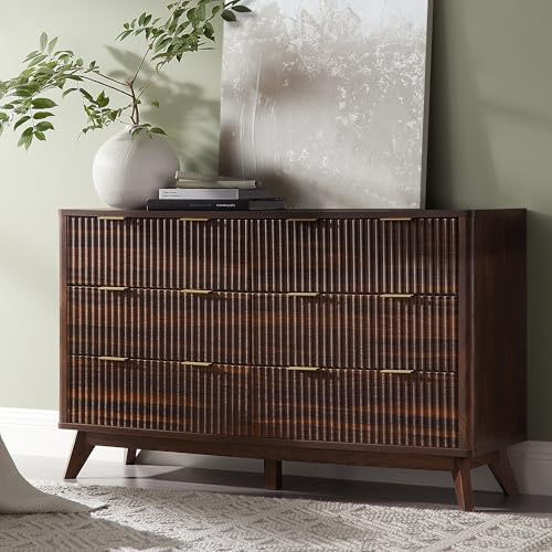 AetherWood Kommode mit 6 Schubladen, 137 cm Breit, Moderner Rillen-Schubladenschrank, Gewölbtes Design, Sideboard für Schlafzimmer & Wohnzimmer, Dunkel-Walnuss