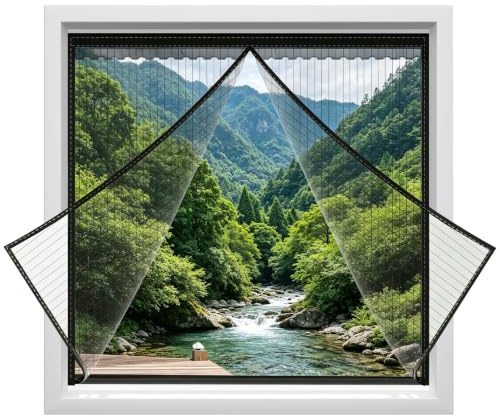 Upgraded Fliegengitter Fenster Magnet, Magnetisches Fliegengitter Tür Fenster Balkontür Ohne Bohren, Automatisches Schließen, Moskitonetz mit Klettband Selbstklebend (Schwarz, 100x120cm)