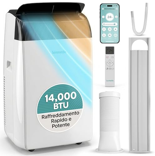 SereneLife Climatiseur Mobile 14000 BTU 2,9 kW avec Évacuation – WiFi 4 en 1 pour pièces jusqu’à 45 m², Refroidit Chauffe Ventile Déshumidifie