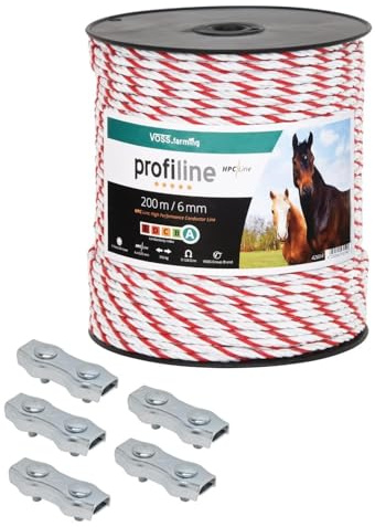 VOSS.farming 200m Weidezaunseil 6mm Elektrozaunseil 6X 0,25 HPC-Leiter - mit Zubehör - weiß-rotes Elektroseil Pferdezaun Weidezaun Elektrozaun Ponyzaun