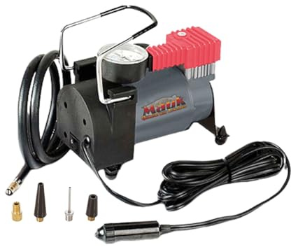 MAUK® Mini compresseur d'air comprimé pour voiture 12 V 10 bar – Pompe électrique pour voiture/pompe à air avec manomètre et 4 adaptateurs pour pneus, planche SUP, vélo, football, handball, ballons |